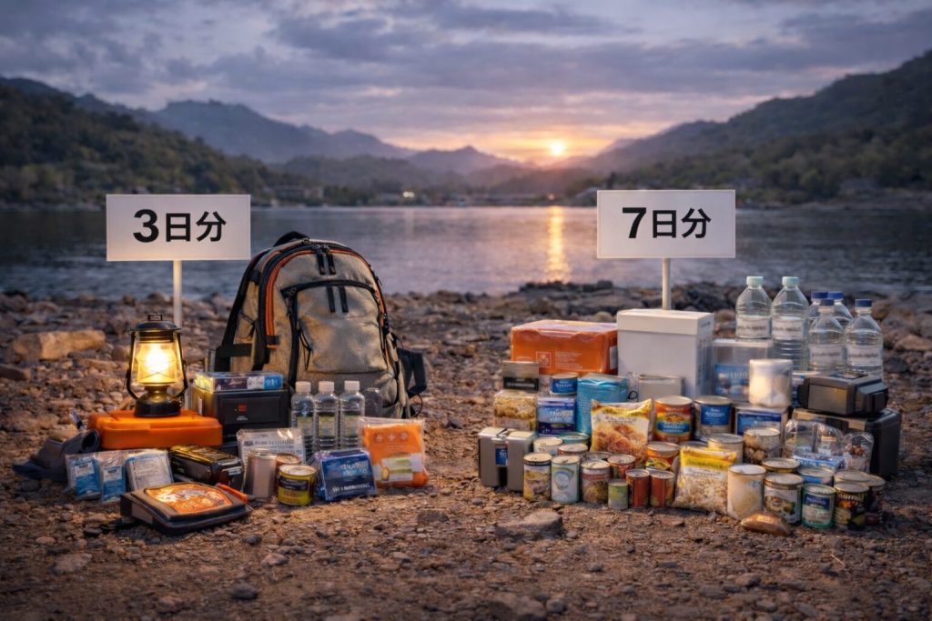 非常持ち出し袋と備蓄品のイメージ