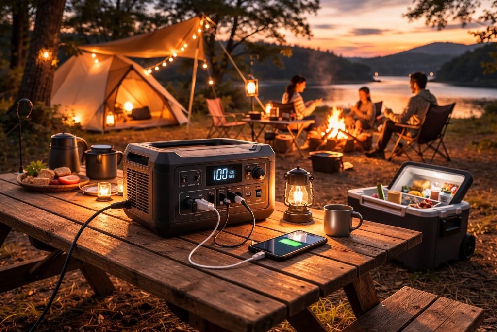 キャンプサイトに置かれたポータブル電源