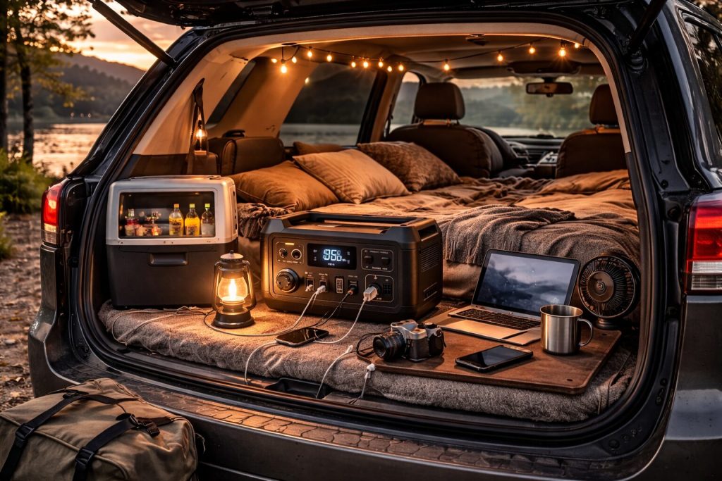 車中泊でポータブル電源を使用する様子
