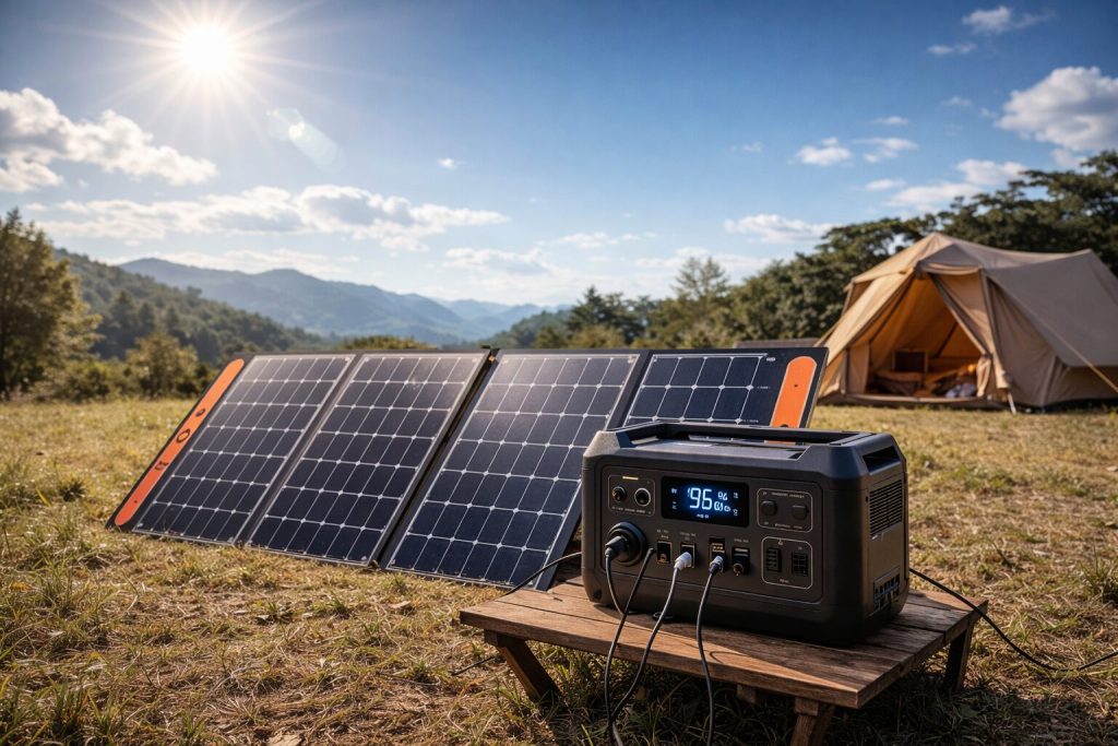 ソーラーパネルとポータブル電源を接続して充電中